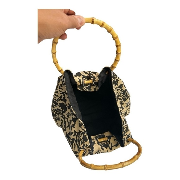 Vintage Black & Tan Tropical Print Purse with Bamboo Handles Hand Bag - Picture 7 of 9